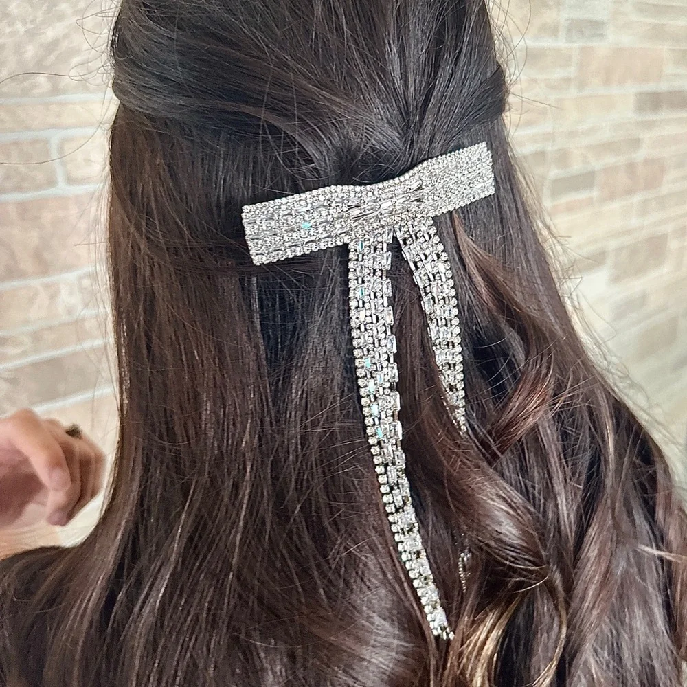 Rhinestone bow barrette anti slip grip